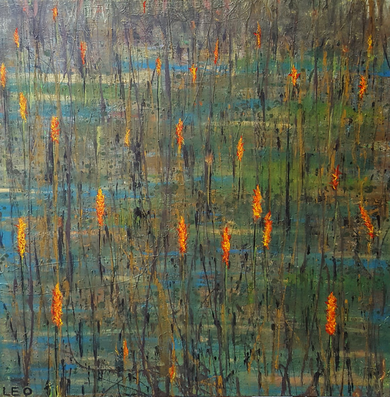 CATTAILS.  Shown in REVEAL, Ky Artisan Center, Jan - May 2020.  48" X 48".  
Acrylic on Canvas.